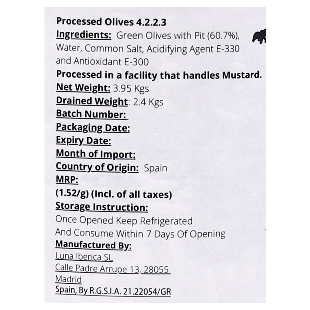 Urban Platter Whole Green Gordal Olives Unpitted, 3.95kgs (Product of Spain | Large Size Olive With Pits | Firm & Juicy | Drained Weight - 2.4kgs)