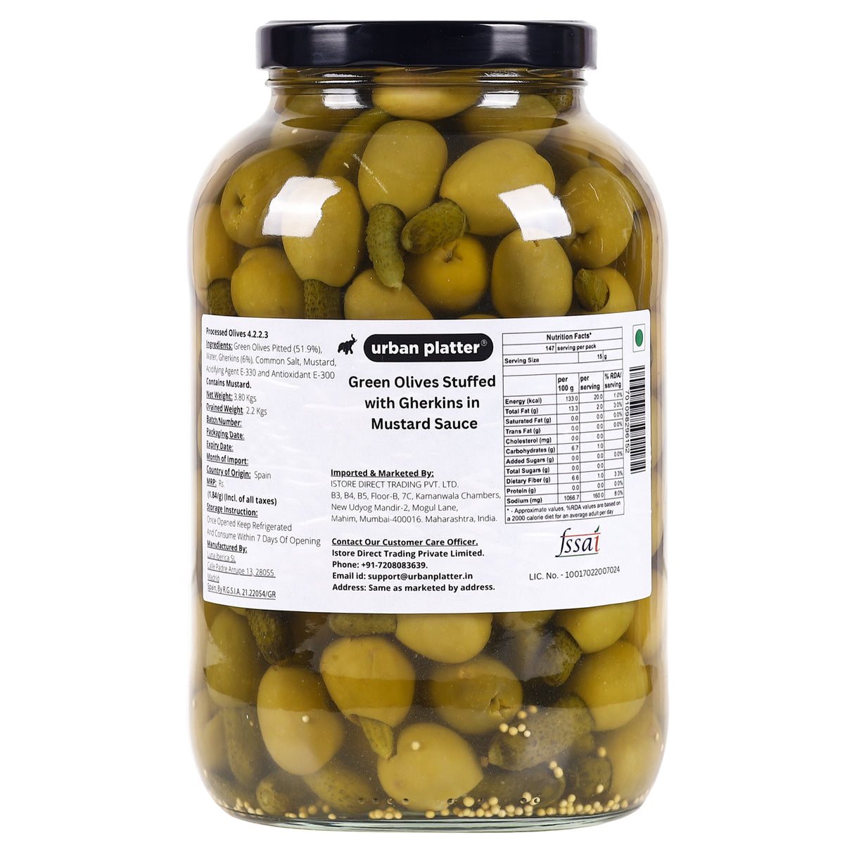 Urban Platter Green Gordal Olives Stuffed with Gherkins in Mustard Sauce, 3.8kgs (Product of Spain | Whole Large Size Olives | Crunchy & Tangy | Drained Weight - 2.2kgs)