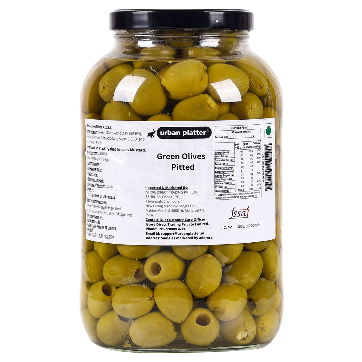 Urban Platter Whole Green Gordal Olives Pitted, 3.8kgs (Product of Spain | Large Size Olive Without Pits | Firm & Juicy | Drained Weight - 2kgs)