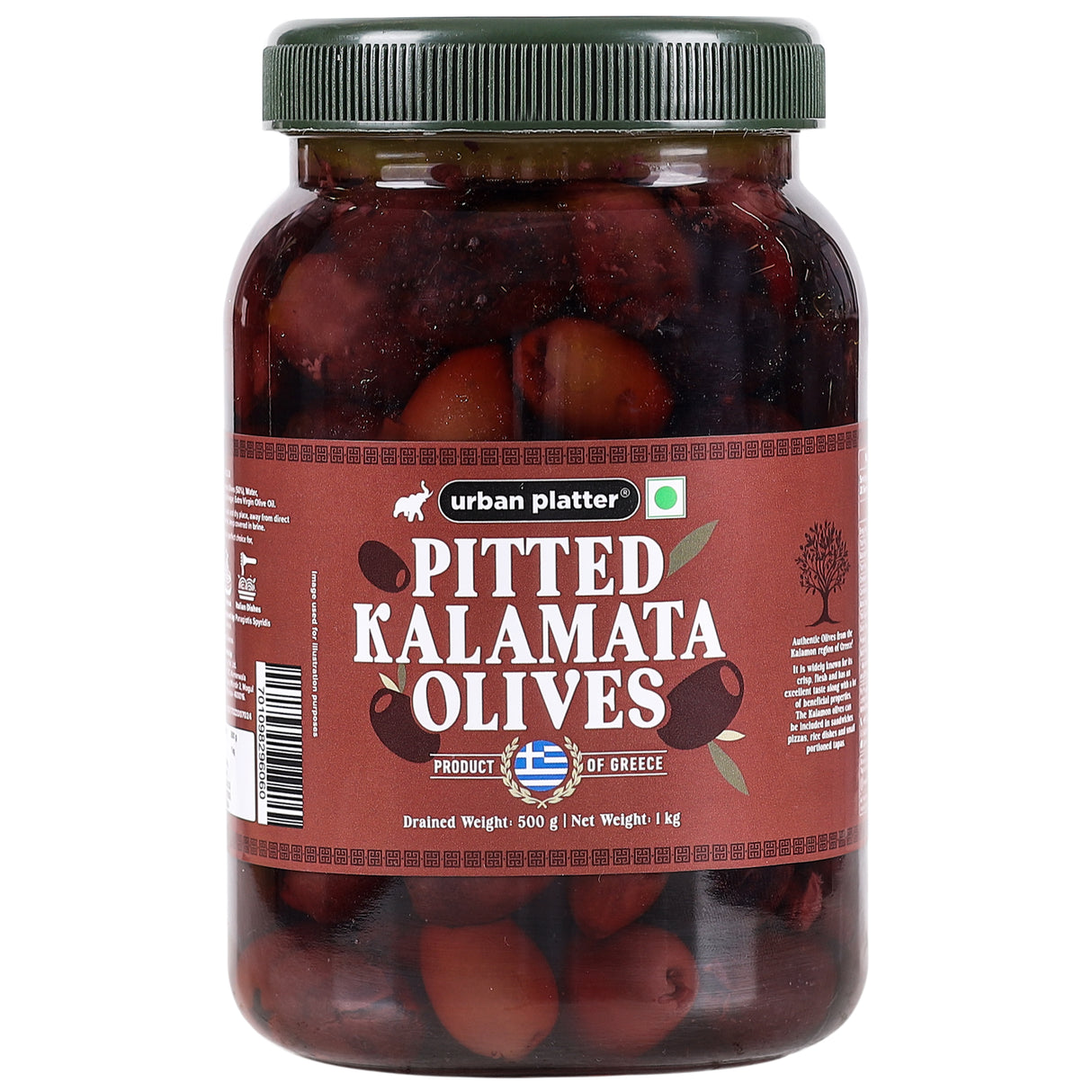 Urban Platter Greek Pitted Kalamata Olives, 1Kg [Drained Weight 500g | Kalamon Region of Greece | Perfect for Salads | Hummus | Mediterranean Dishes]