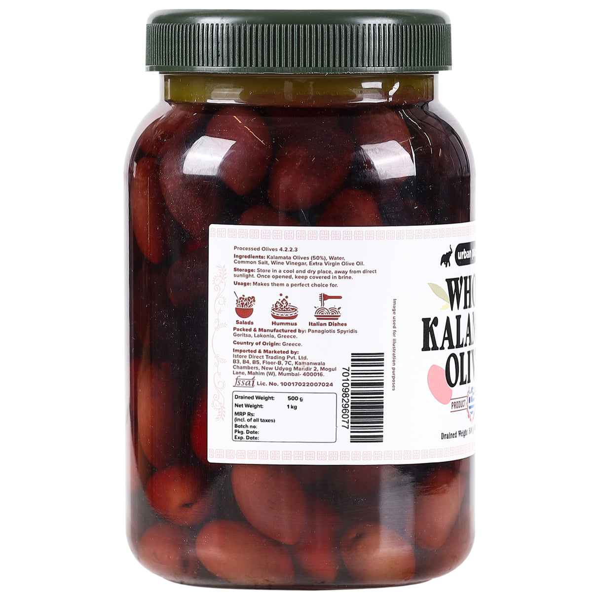 Urban Platter Greek Whole Kalamata Olives, 1Kg [Drained Weight 500g | Kalamon Region of Greece | Perfect for Salads | Hummus | Mediterranean Dishes]