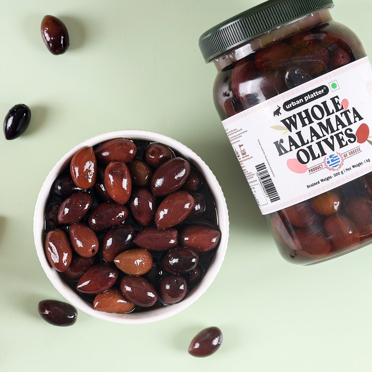 Urban Platter Greek Whole Kalamata Olives, 1Kg [Drained Weight 500g | Kalamon Region of Greece | Perfect for Salads | Hummus | Mediterranean Dishes]