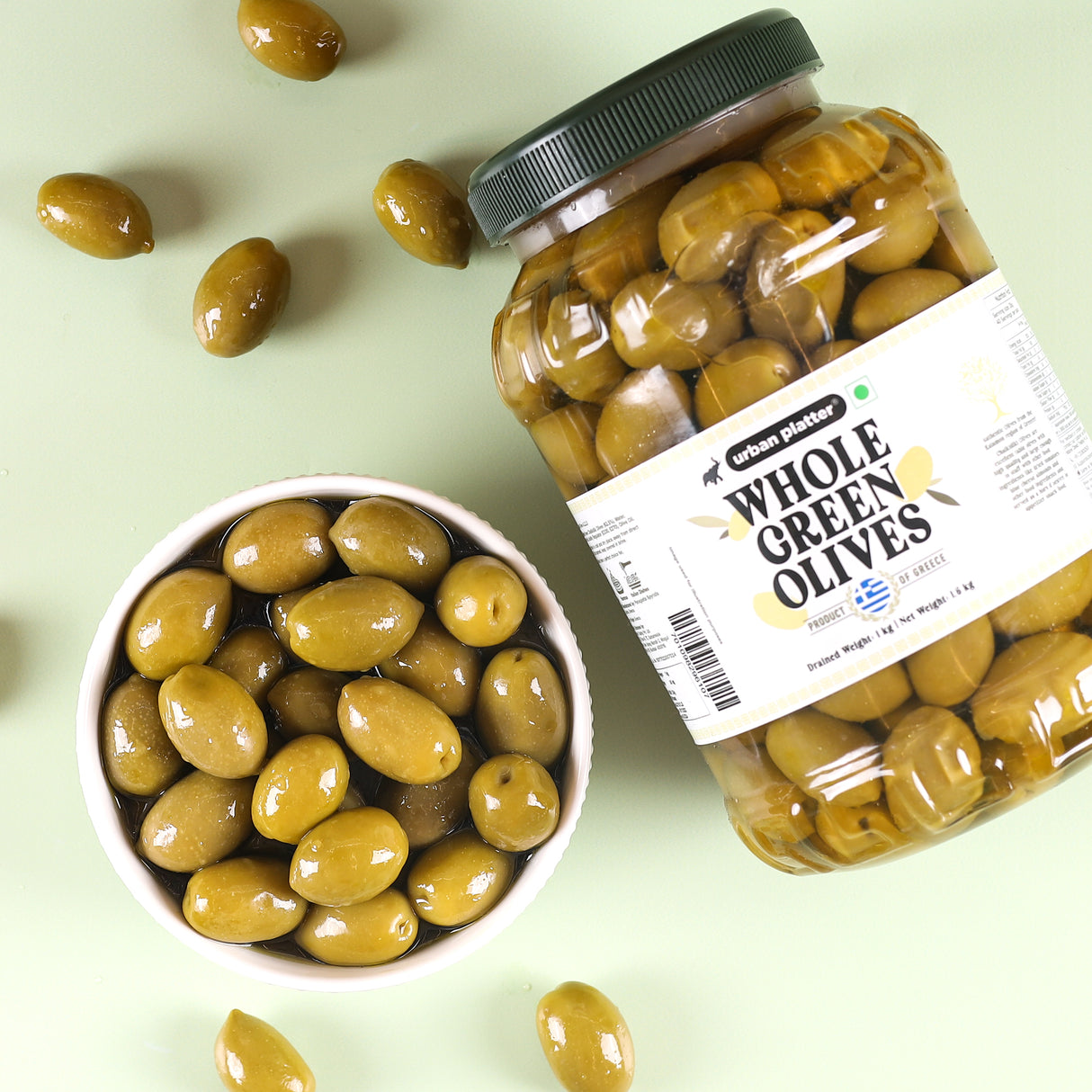 Urban Platter Greek Whole Green Olives, 1.6Kgs [Drained Weight 1kg | Kalamon Region of Greece | Perfect for Salads | Hummus | Mediterranean Dishes]