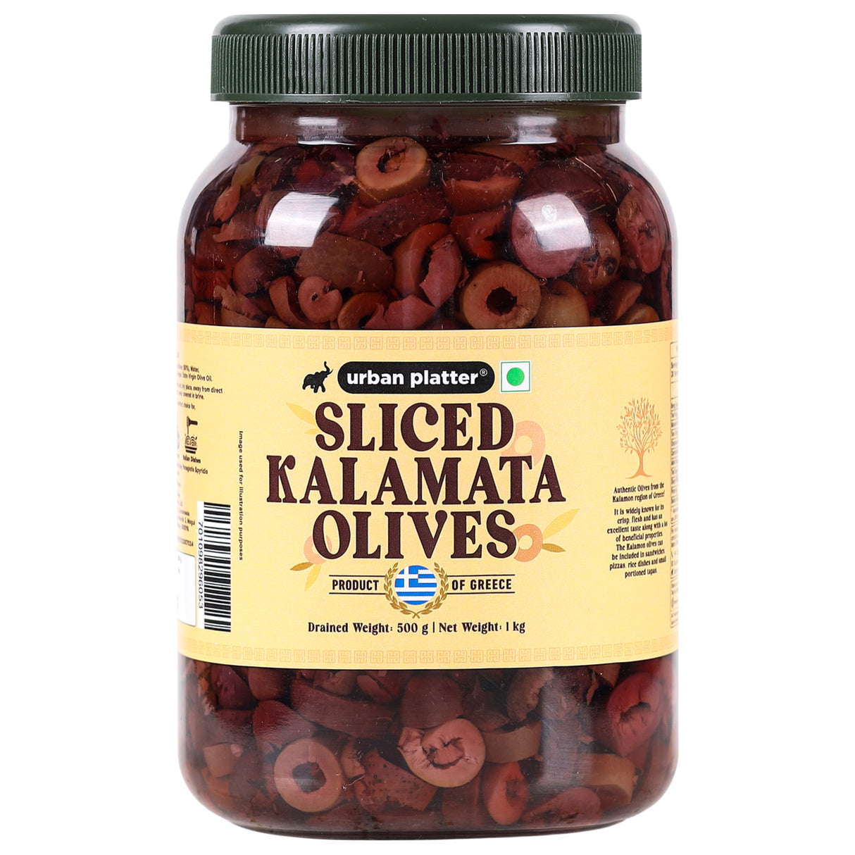 Urban Platter Greek Sliced Kalamata Olives, 1Kg [Drained Weight 500g | Kalamon Region of Greece | Perfect for Salads | Hummus | Mediterranean Dishes]