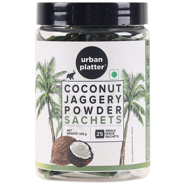 Urban Platter Coconut Sugar Sachets, 125g / 25 x 5g Sachets (Low GI, Natural Sweetener, Refined Sugar Alternative) - front pack