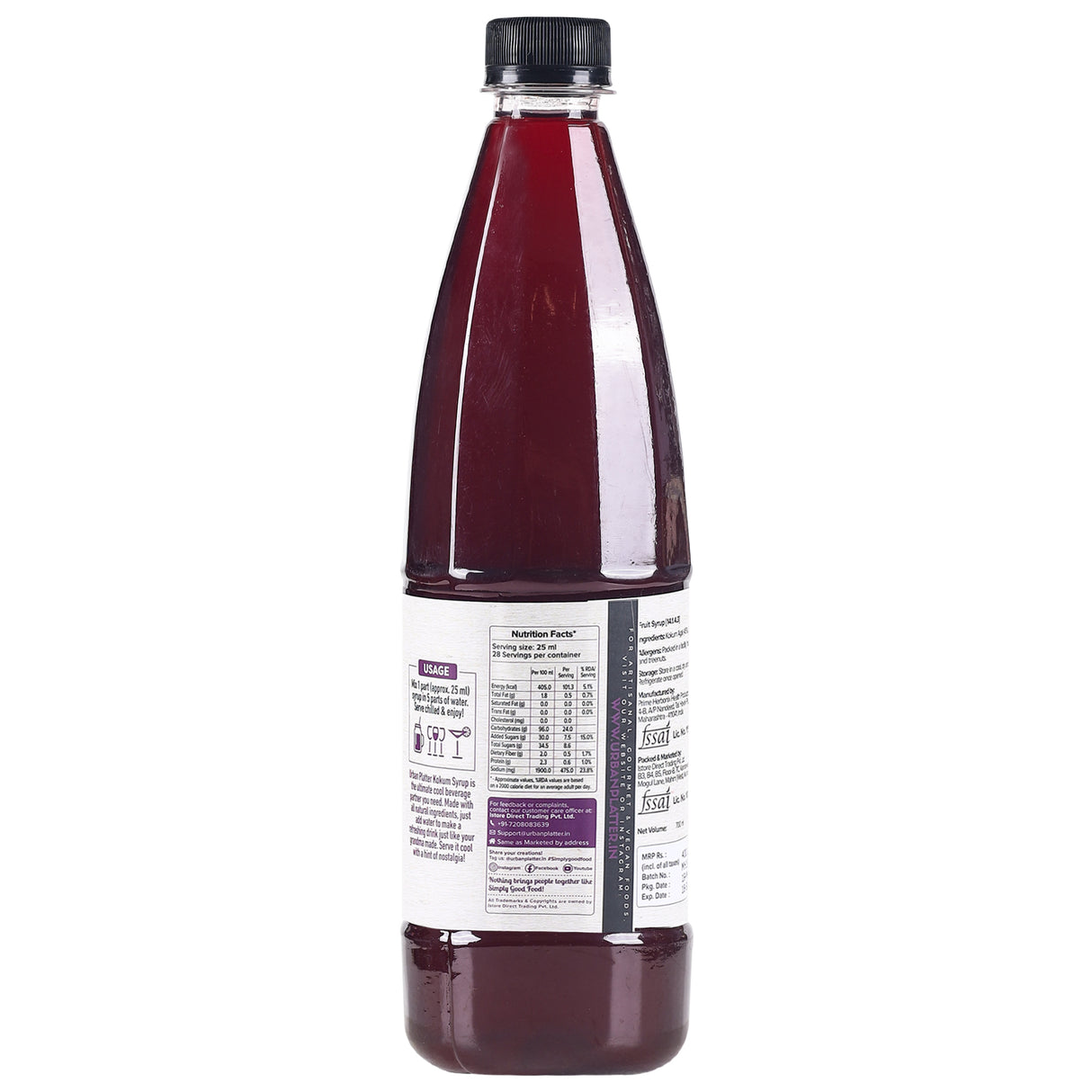 Urban Platter Kokum Syrup, 700ml (No Preservative and Additive-free, Refreshing and Cooling Drink, With Cumin / Jeera)