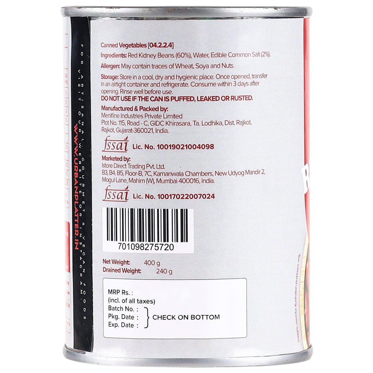 Urban Platter Red Kidney Beans in Brine, 400g (Rajma | Canned | Drained Weight 240g)