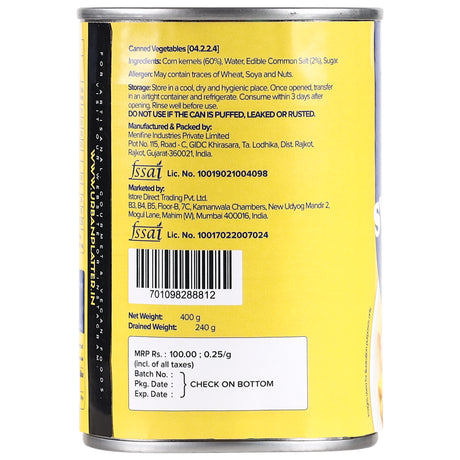 Urban Platter Ready to Use Sweet Corn Kernels in Brine, 400g (Drained Weight 240g)