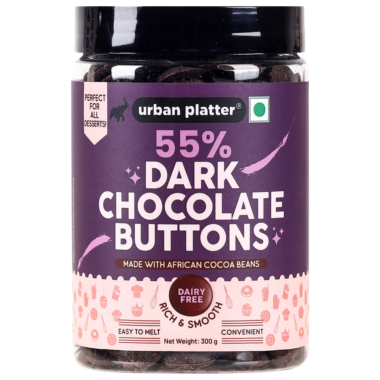 Urban Platter All Natural, Dairy-Free and 55% Cocoa Dark Chocolate Buttons, 300g