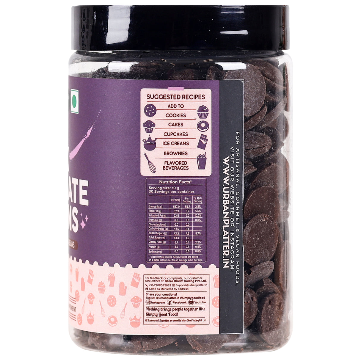 Urban Platter All Natural, Dairy-Free and 55% Cocoa Dark Chocolate Buttons, 300g