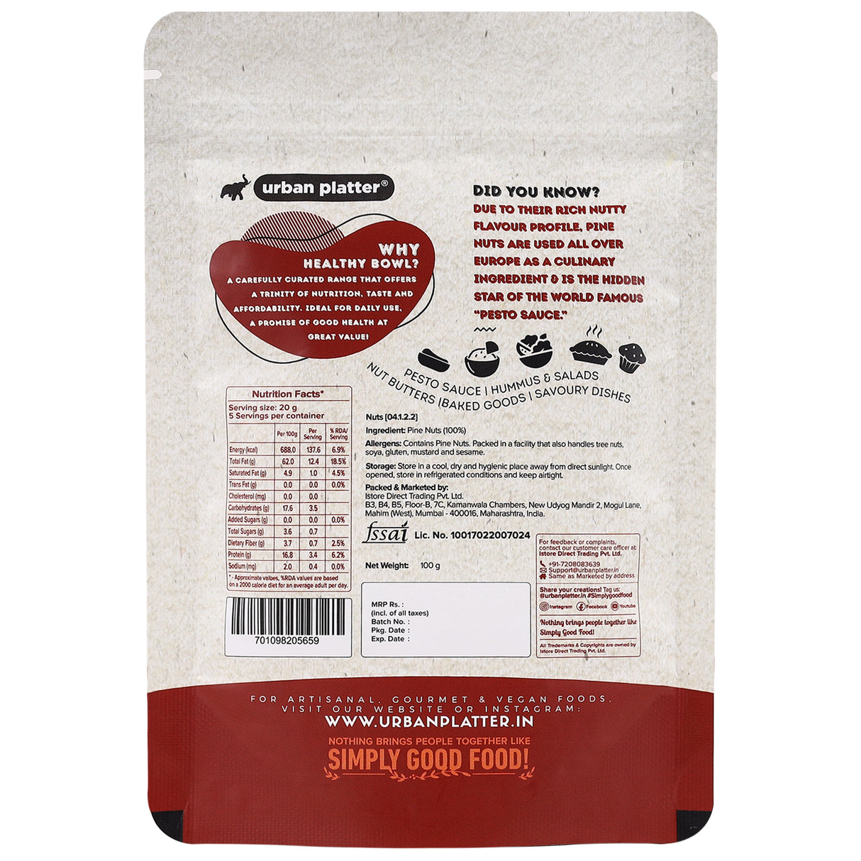 Urban Platter Lebanon Pine Nuts (Chilgoza), (Rich in Protein & Fiber, Add to Hummus & Salads, Stored in Refrigeration for Long Lasting Freshness)