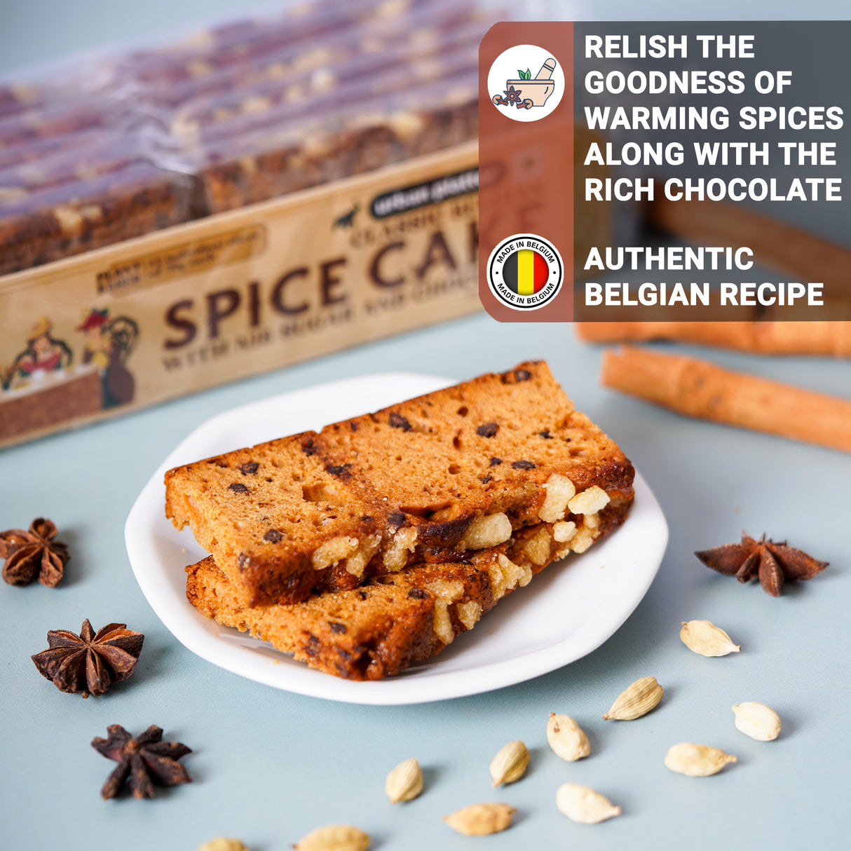 Urban Platter Classic Belgian Tea Cake With Nib Sugar and Chocolate, 240g / 12 Individual Slices of 20g each [Plant Based, Tea Cake, Made with Original Belgian Chocolate, Gourmet Snack, Wonderful Blend of Spices, Eggless]
