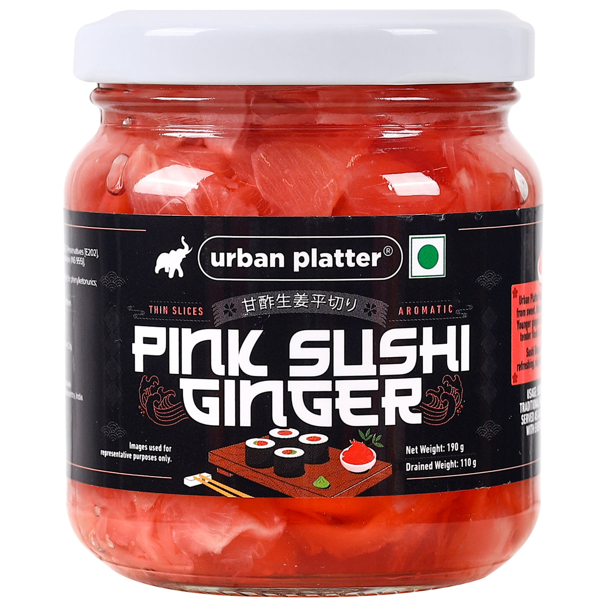 Urban Platter Pink Sushi Ginger, 190g, Drained Weight 110g [Gari, Japanese style pickled ginger, Sushi Ingredient, Thinly Sliced, Perfectly Aromatic]