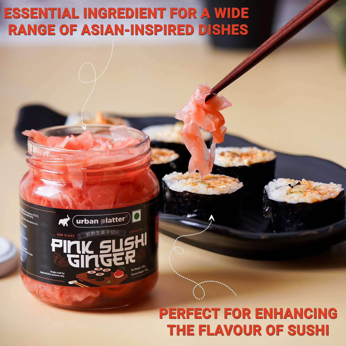 Urban Platter Pink Sushi Ginger, 190g, Drained Weight 110g [Gari, Japanese style pickled ginger, Sushi Ingredient, Thinly Sliced, Perfectly Aromatic]