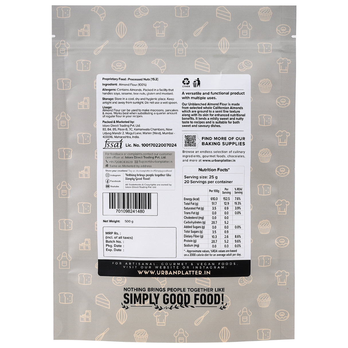 Natural Almond Flour, 500g (Naturally Gluten-free, Low-Carb, Unblanched, Ideal for Baking & Keto Recipes)