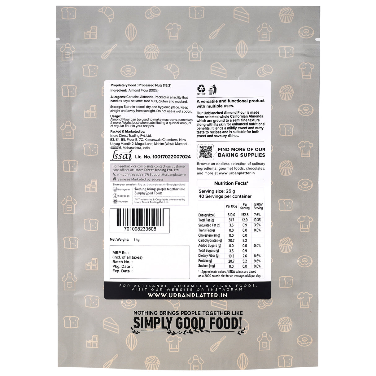 Natural Almond Flour, 1kg (Naturally Gluten-free, Low-Carb, Unblanched, Ideal for Baking & Keto Recipes)