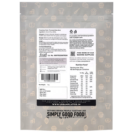 Natural Almond Flour, 1kg (Naturally Gluten-free, Low-Carb, Unblanched, Ideal for Baking & Keto Recipes)