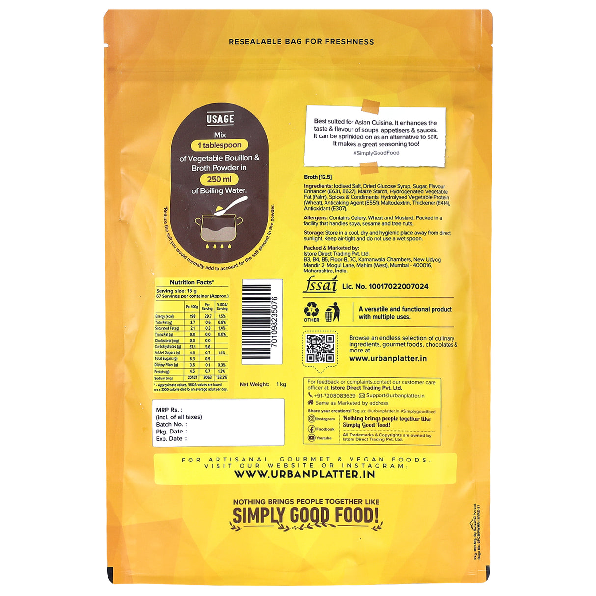 Urban Platter Vegetable Bouillon & Broth Powder (Plant-Based | Instant Vegetable Stock | MSG-free | Umami-Rich)