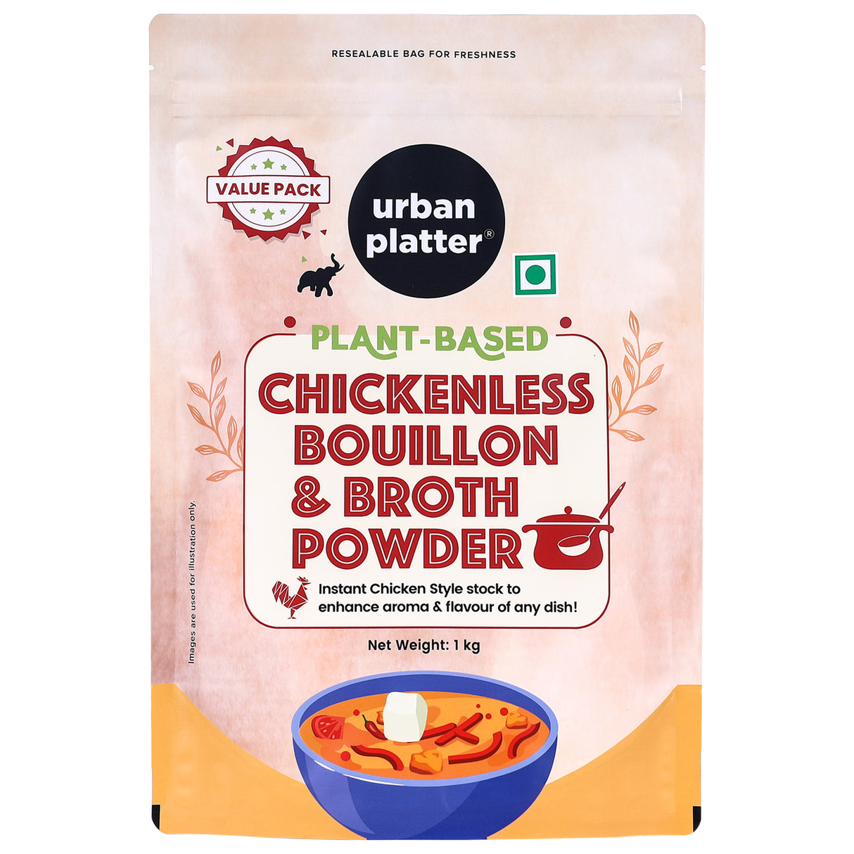 Urban Platter Vegan Chicken-less Bouillon & Broth Powder, 1kg (Plant-Based | Instant Soup Base | MSG-free | Umami-Rich)