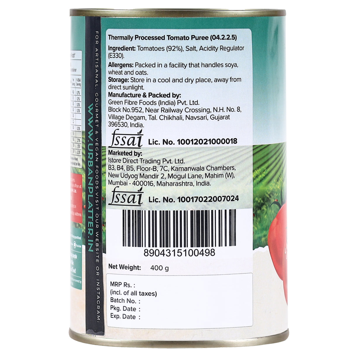 Urban Platter Tomato Puree Can, 400g / [Puree De Tomates]