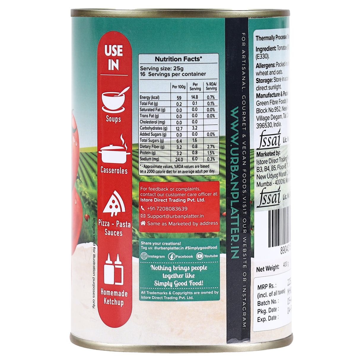 Urban Platter Tomato Puree Can, 400g / [Puree De Tomates]