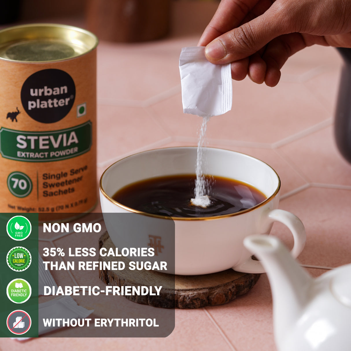 Urban Platter Stevia Individual Single-Serve Sweetener Sachets [70 Sachets of 0.75g Each, No Bitterness & No Aftertaste]