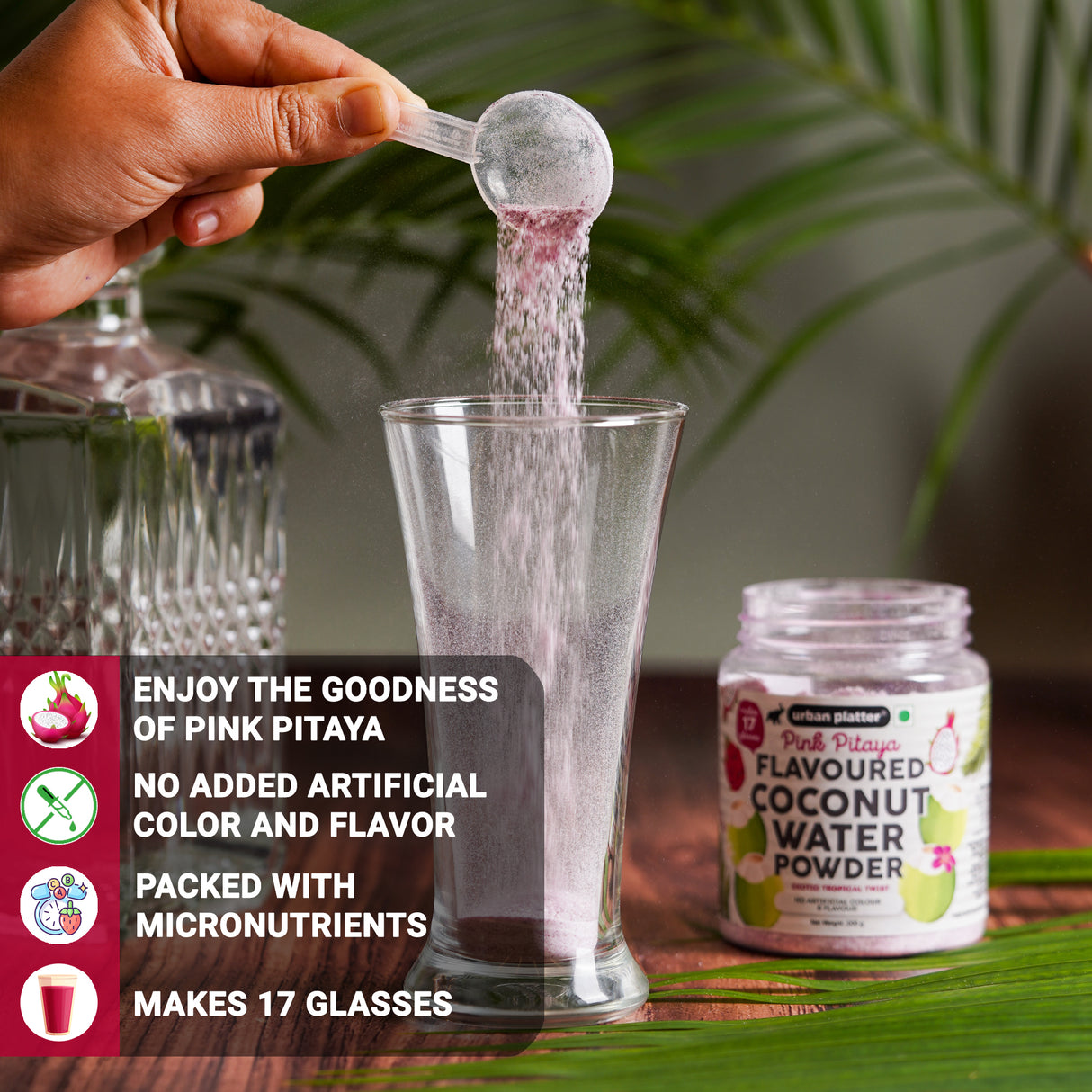 Urban Platter Pink Pitaya (Dragon Fruit) Flavoured Coconut Water Powder, 200g (Exotic Tropical Twist | Hydrating and Refreshing | Just add water | Makes 17 glasses)