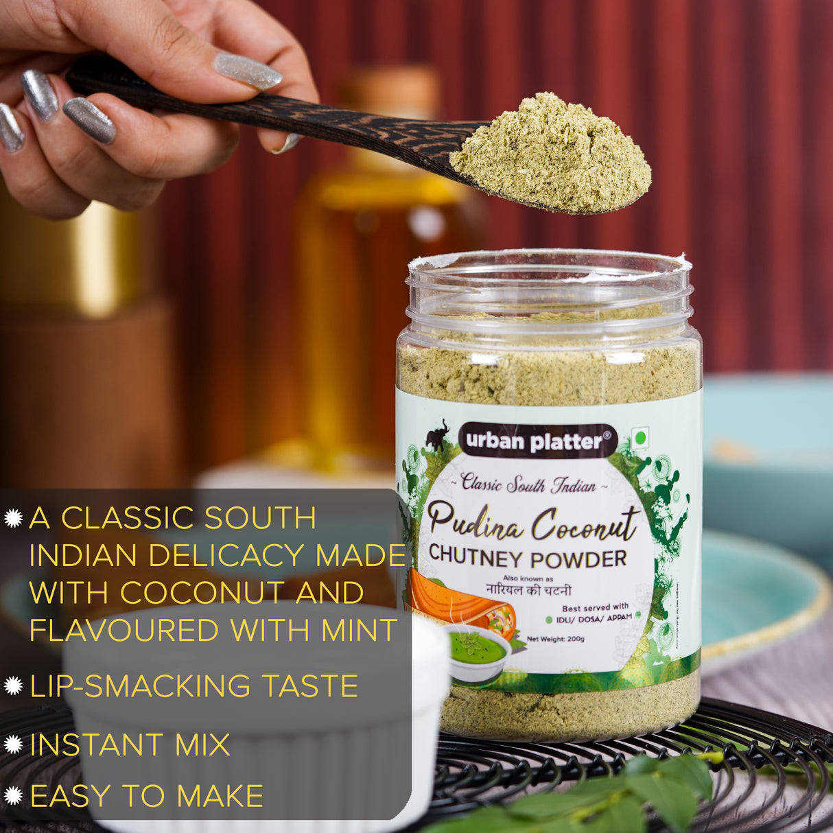 Urban Platter South Indian Style Instant Pudina (Mint) Coconut Chutney Powder, 200g / 7oz [Nariyal ki Chutney, Just Add Water]