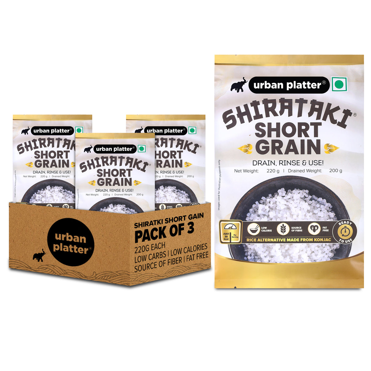 Urban Platter Shirataki Short-grain Rice, 220g [Pack of 3] [Ultra Low-carb, Low-calorie, Keto-friendly, Fat-Free, Gluten-Free Alternative to Rice]