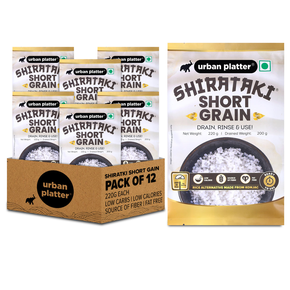 Urban Platter Shirataki Short-grain Rice, 220g [Pack of 12] [Ultra Low-carb, Low-calorie, Keto-friendly, Fat-Free, Gluten-Free Alternative to Rice]