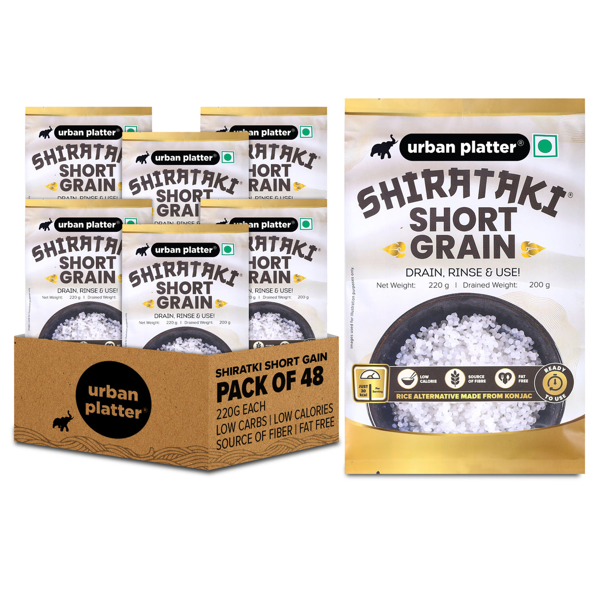 Urban Platter Shirataki Short-grain Rice, 220g [Pack of 48] [Ultra Low-carb, Low-calorie, Keto-friendly, Fat-Free, Gluten-Free Alternative to Rice]