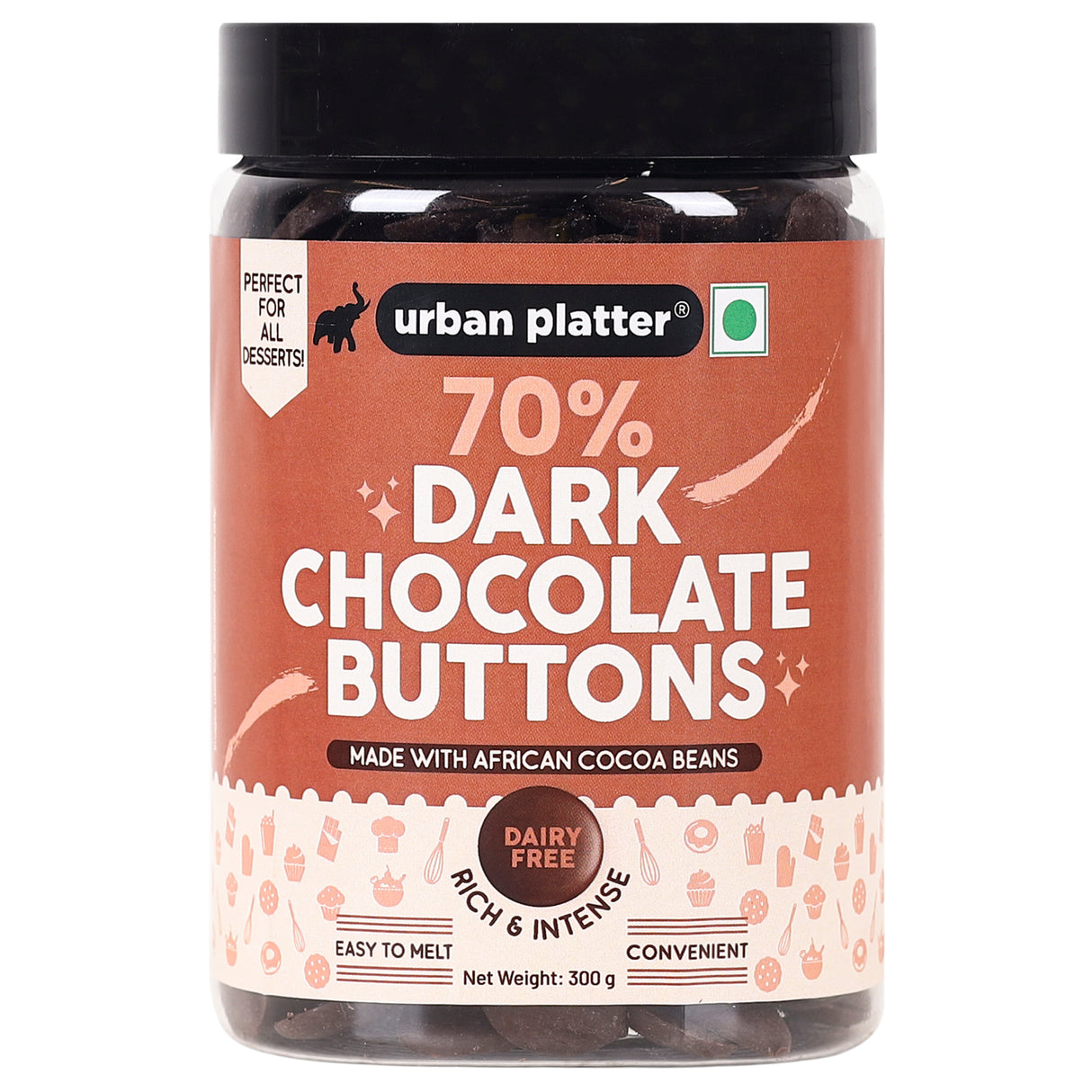 Urban Platter 70% Dark Chocolate Buttons, 300g (Perfectly Plant Based | Intense & Rich)