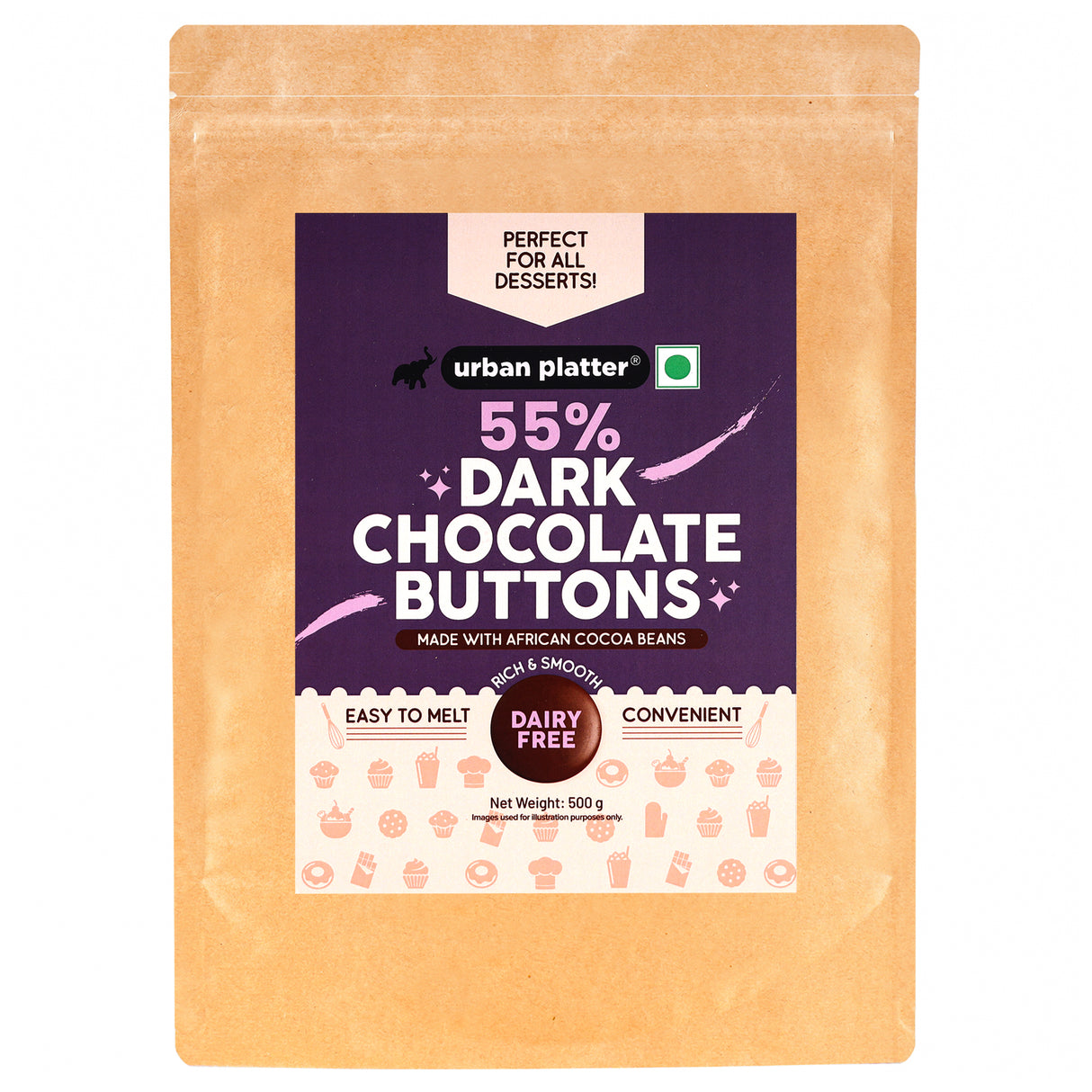 Urban Platter 55% Dark Chocolate Buttons, 500g (Perfectly Plant Based | Rich & Smooth)