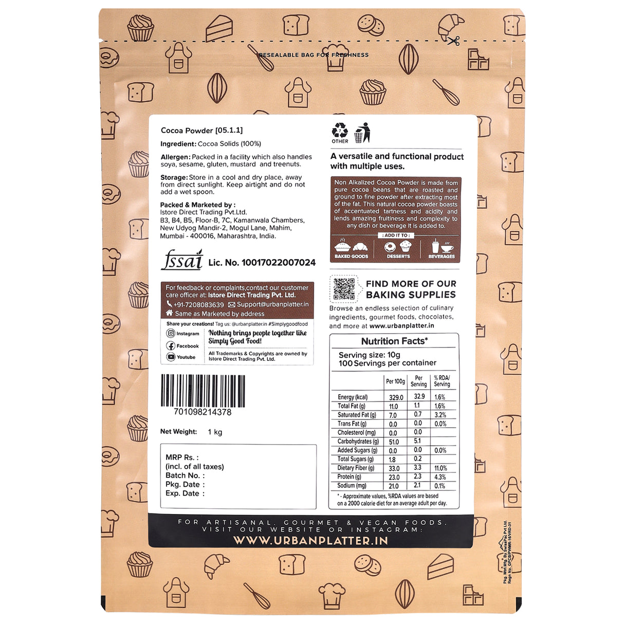 Urban Platter Natural Unsweetened Cocoa Powder, 1Kg