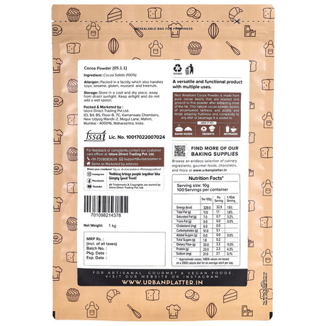 Urban Platter Natural Unsweetened Non Alkalized Cocoa Powder, 1Kg