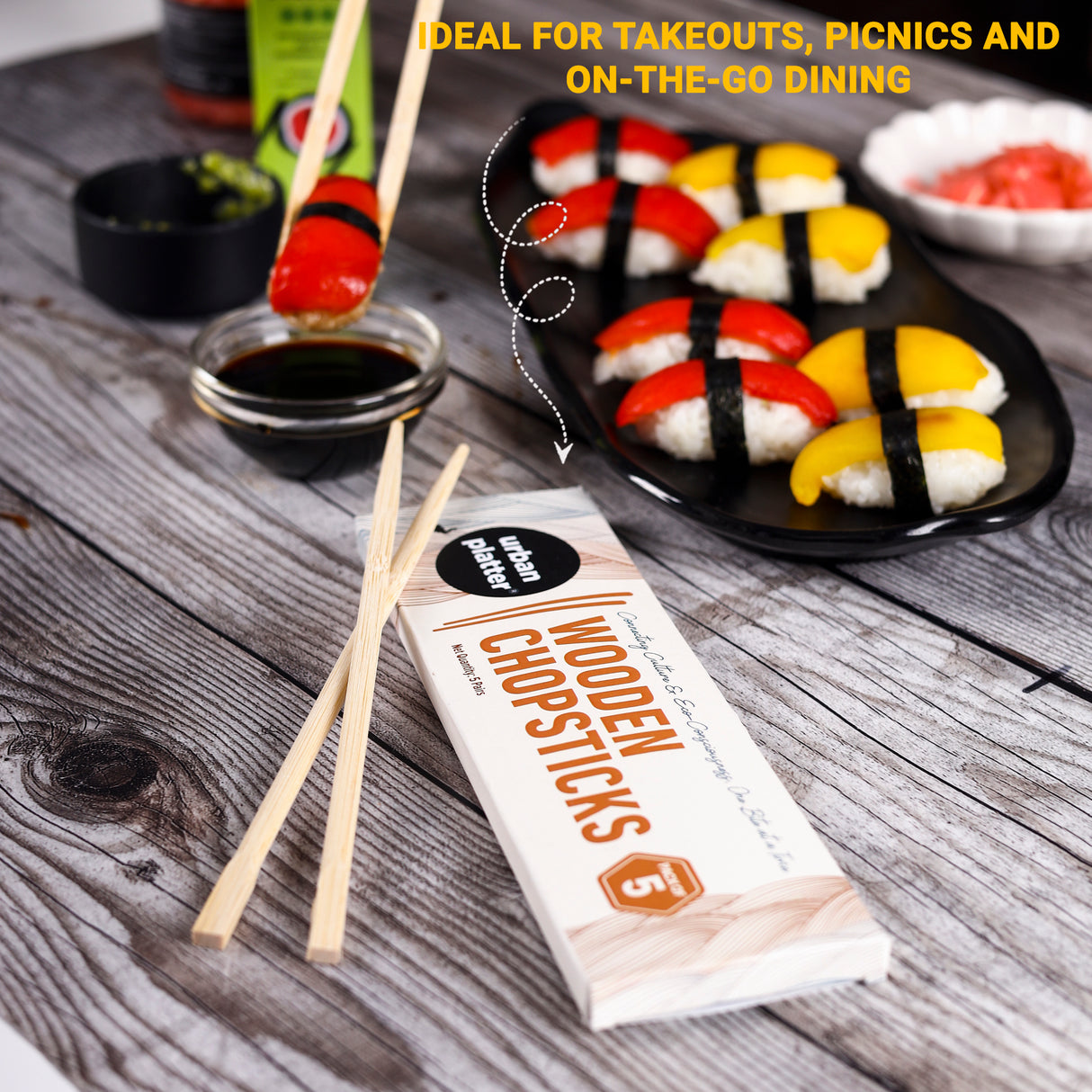Urban Platter Wooden Chopsticks [Pack of 5] (Pairs Individually, Asian Culinary experience, Ideal for Picnics or on-the-go dining.)