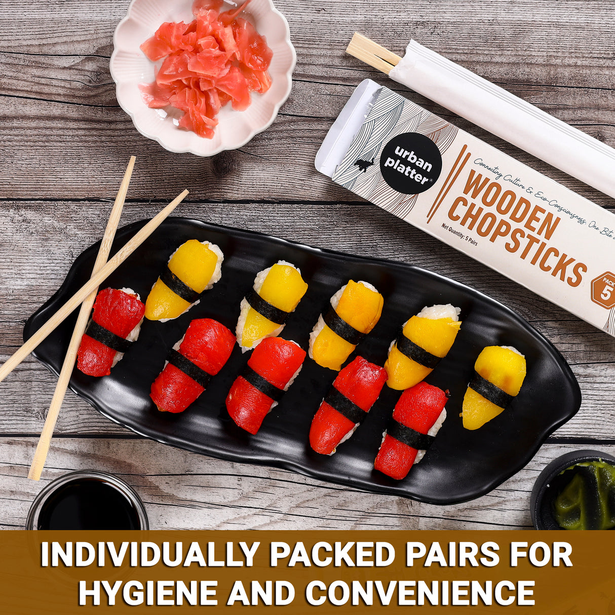 Urban Platter Wooden Chopsticks [Pack of 5] (Pairs Individually, Asian Culinary experience, Ideal for Picnics or on-the-go dining.)
