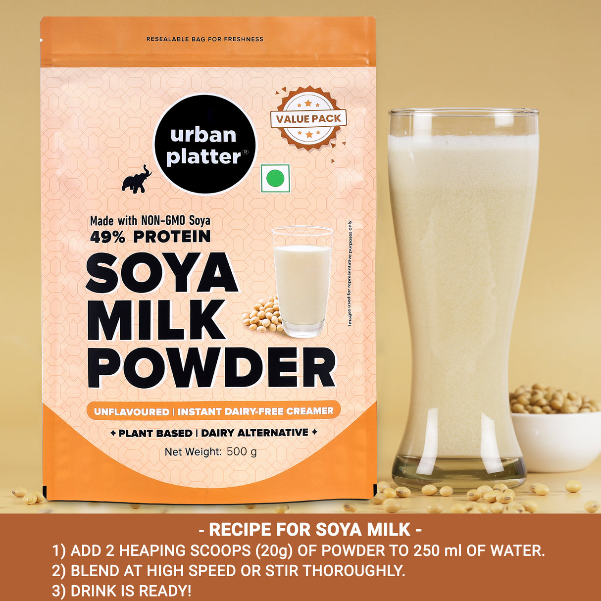 Urban Platter Soy Milk Powder, (Dairy-Free Creamer | Instant | High-Protein | Unflavoured | Unsweetened)