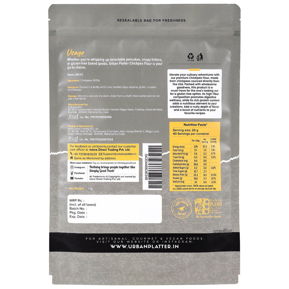 Urban Platter USA Chickpeas Flour, 1Kg (High in Fibre & Protein| Ideal for Baking | Gluten-Free)