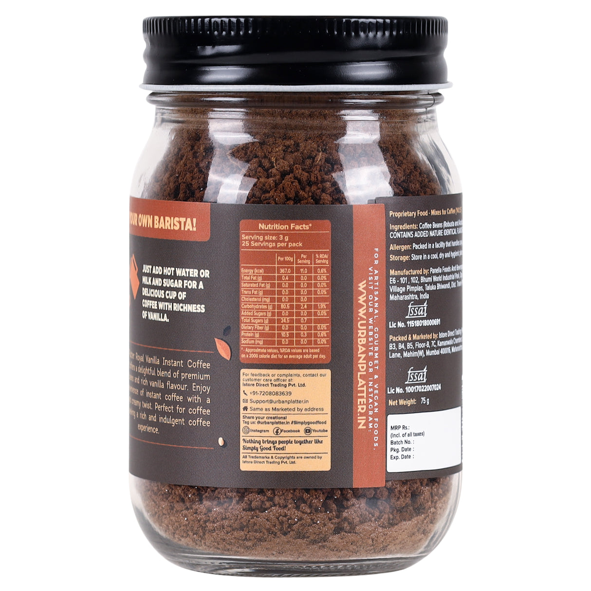 Urban Platter Instant Royal Vanilla Coffee Powder, 75g (Flavoured Instant Coffee | Blend of Robusta and Arabica Beans | Makes 25 Cups | Caramel Flavour)