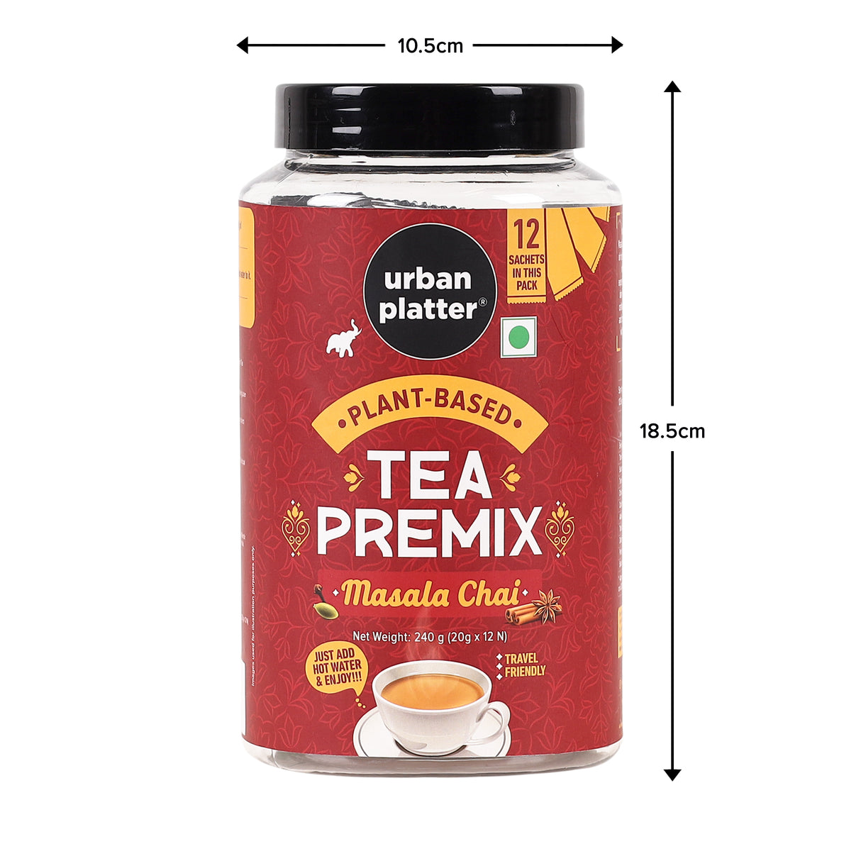 Urban Platter Tea Premix Sachets, Masala Chai, 240g / 8.4oz [Just Add Water, 12 Sachets, Dairy-Free Instant Tea]