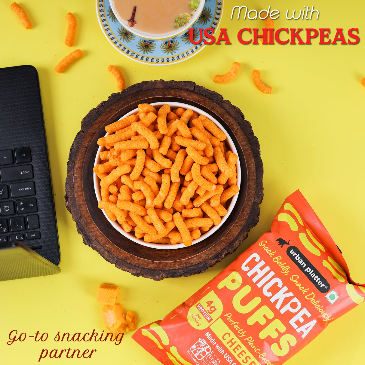 Urban Platter Cheddar Cheese Flavoured Chickpea Puffs, 65g (Savoury and Crunchy Snack | Plant Based | 4g Protein per serve | Made from USA Chickpeas)