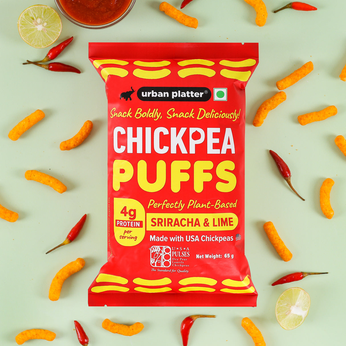 Urban Platter Lime Sriracha Chickpea Puffs, 65g (Savoury and Crunchy Snack | Zesty and Tangy | 4g Protein per serve | Made from USA Chickpeas)