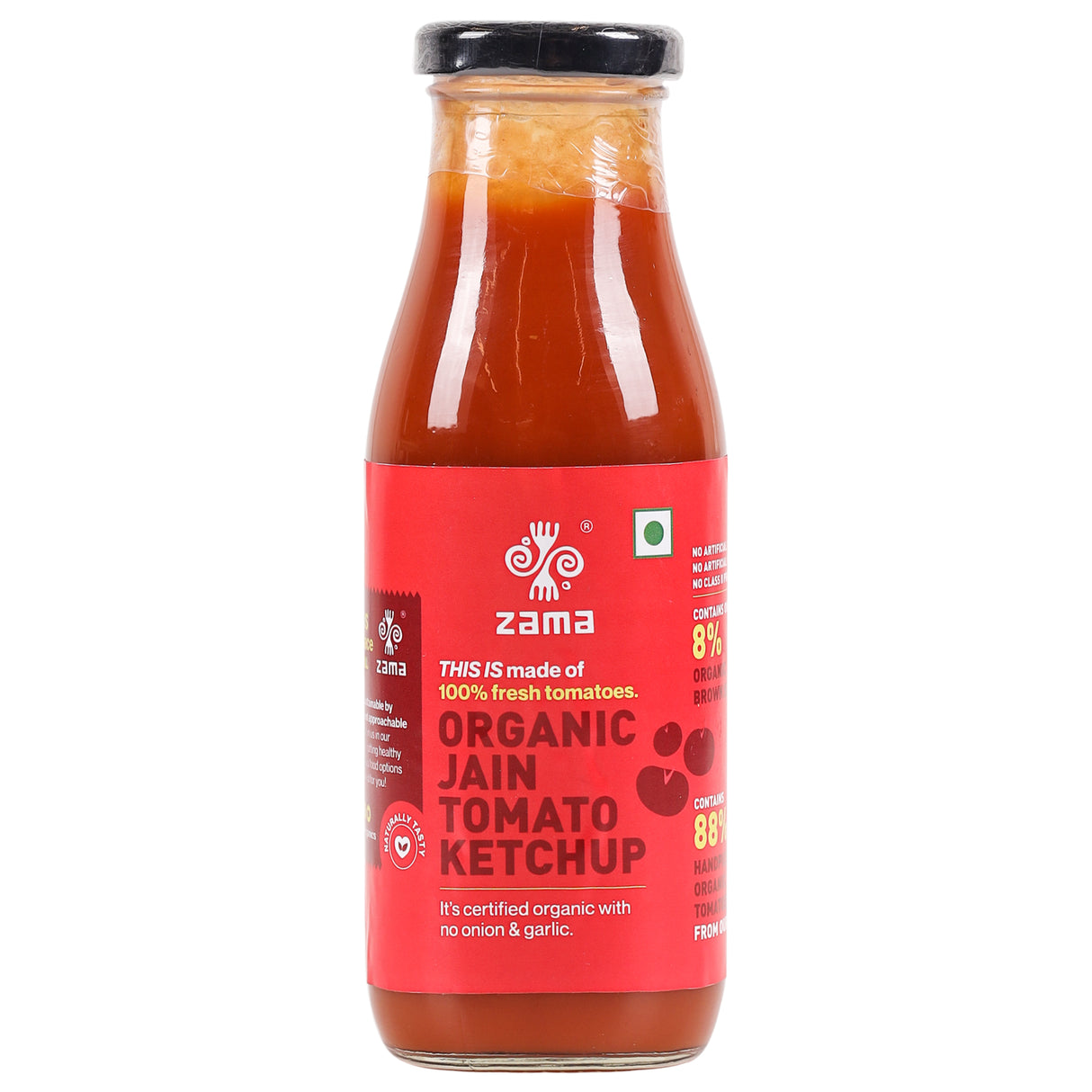 Zama Organics Jain Tomato Ketchup, 300g (No Onion | No Garlic | Organic Tomatoes | Vegan | Gluten Free | No-MSG | Plant Based)