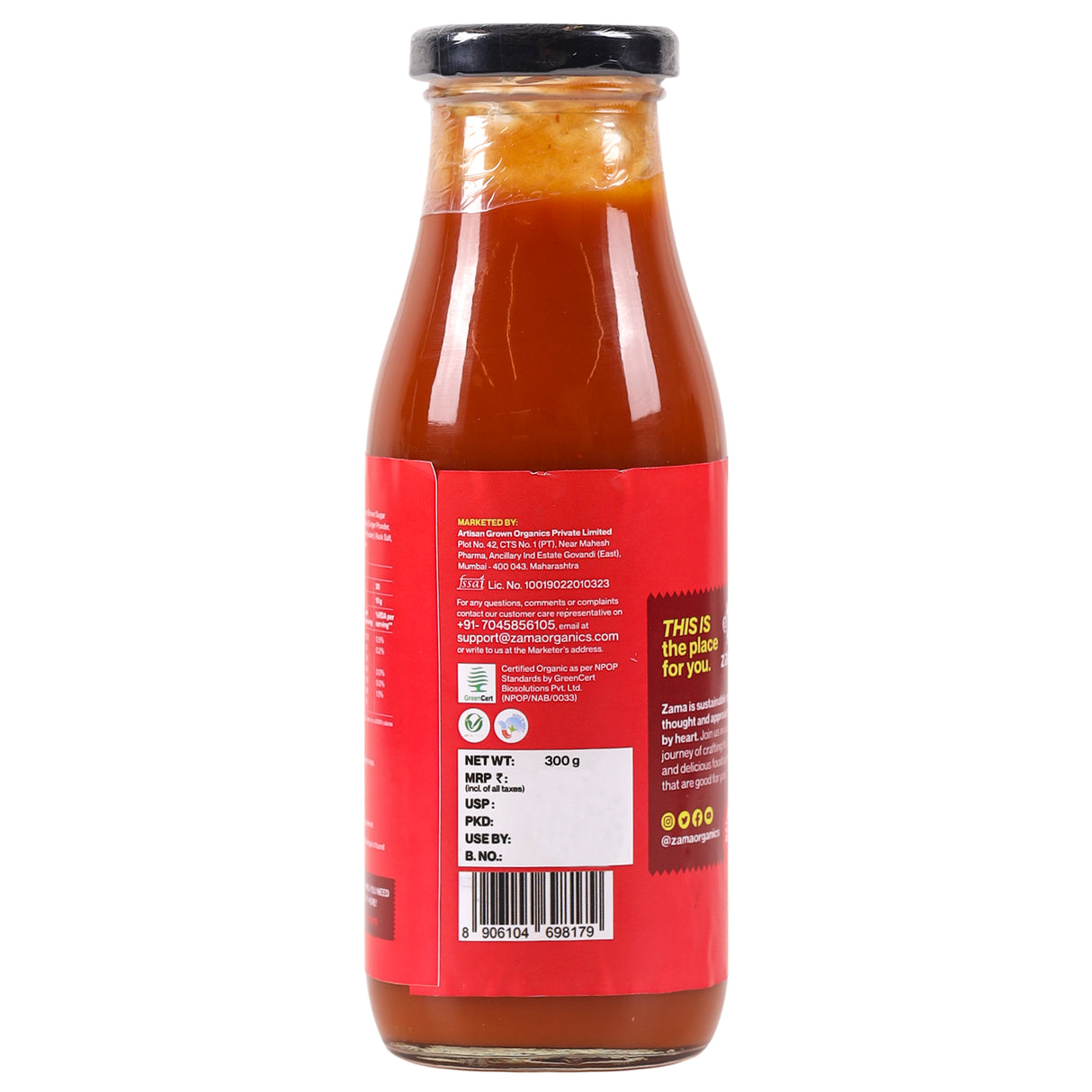 Zama Organics Jain Tomato Ketchup, 300g (No Onion | No Garlic | Organic Tomatoes | Vegan | Gluten Free | No-MSG | Plant Based)