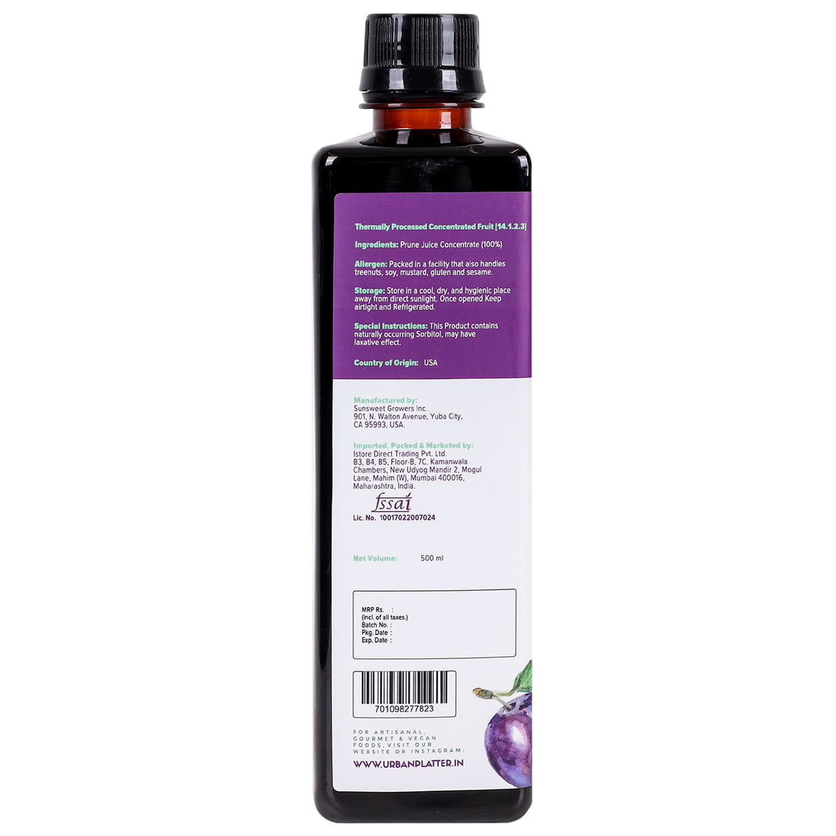 Urban Platter Prune Juice Concentrate, 500ml (Product of USA | Finest Prunes in Every Drop, High in Dietary Fiber)