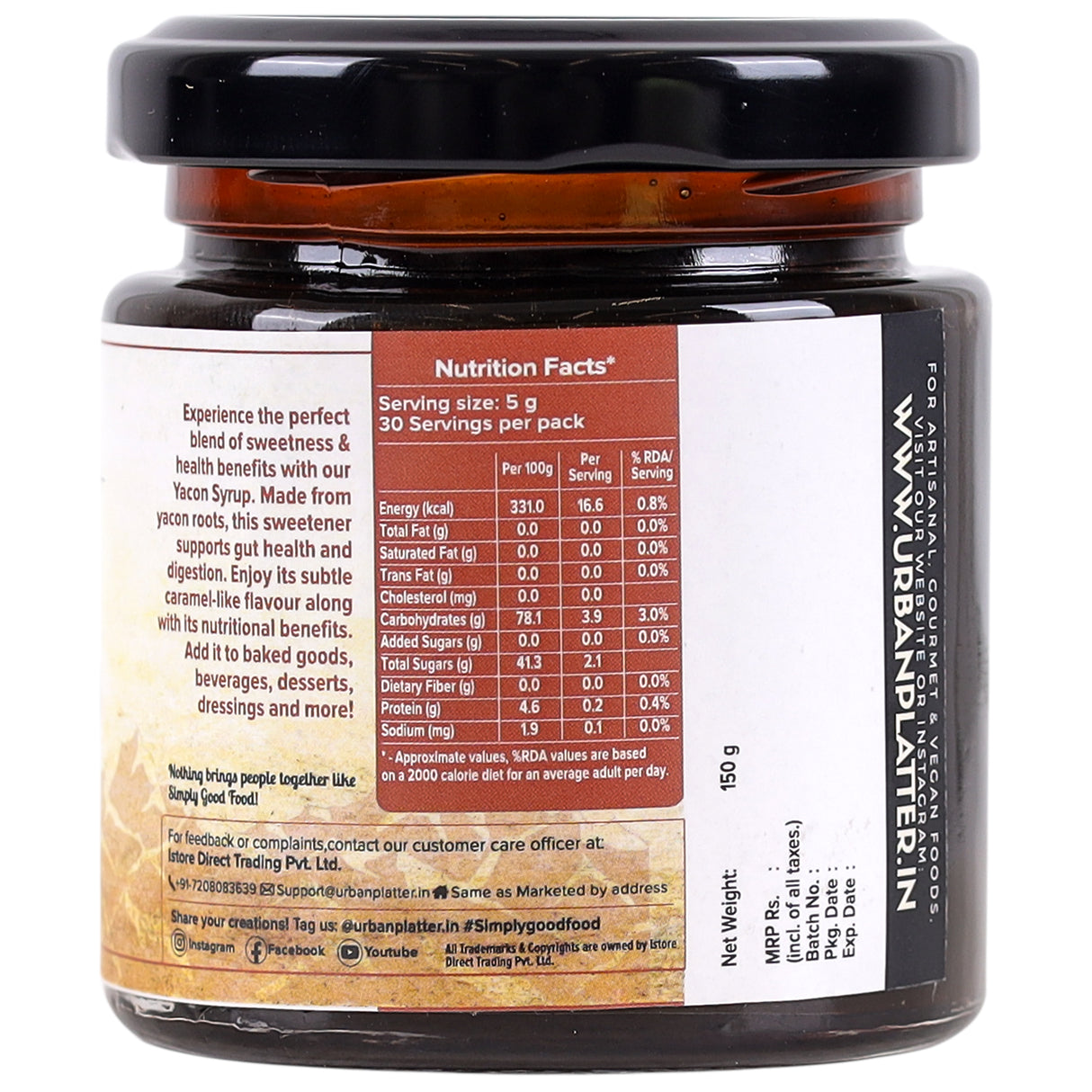 Urban Platter Yacon Syrup, 150g (100% Natural Sweetener | Made in Sikkim | Low Glycemic Index* | Prebiotic | Sugar Substitute )