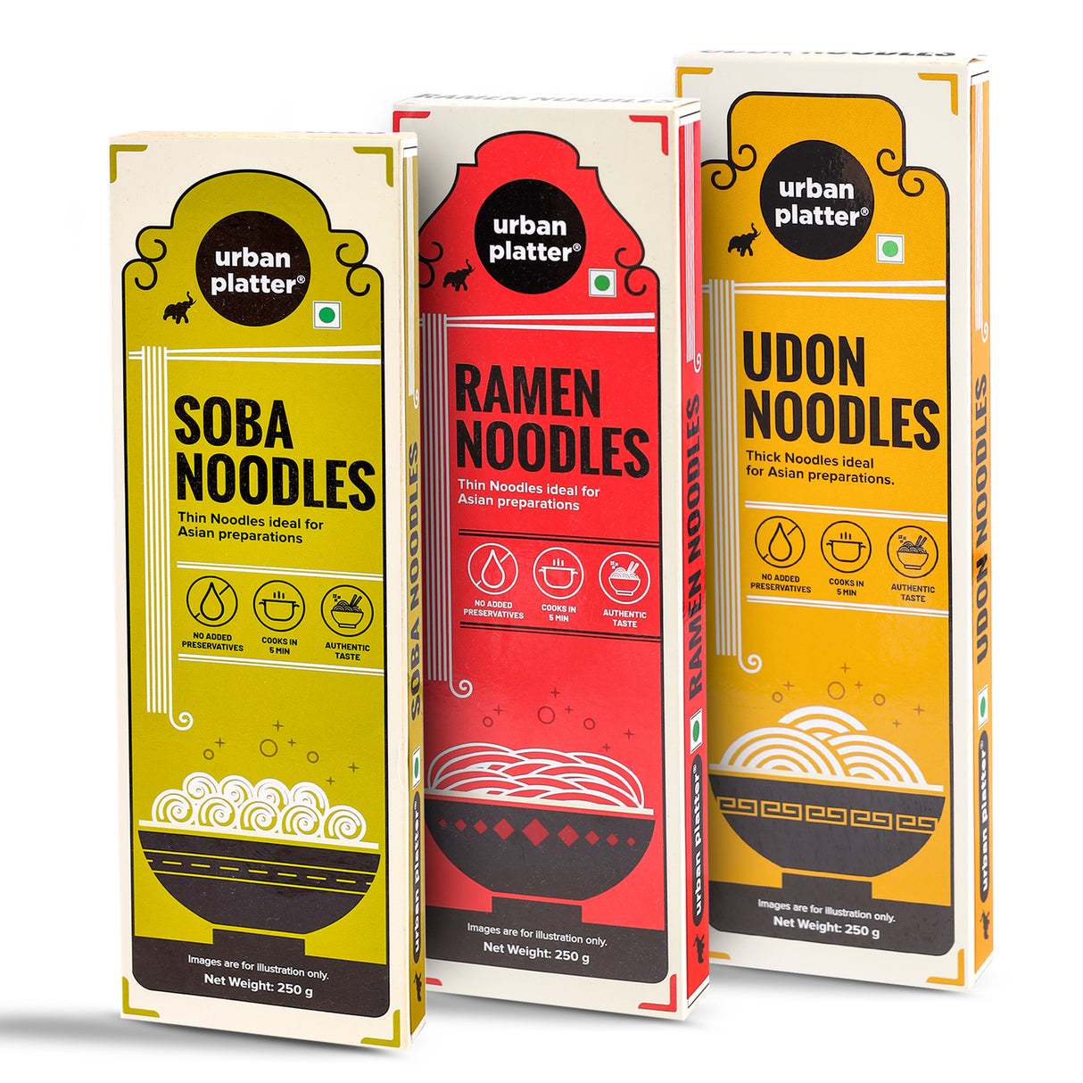 Urban Platter 3 Noodle Combo Pack (Soba, Ramen and Udon Noodles, 250g each)