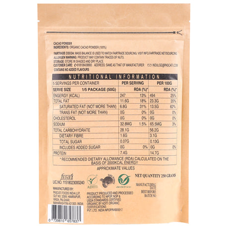 Pascati Organic Non-Alkalised Cacao Powder, 250g [Unsweetened]