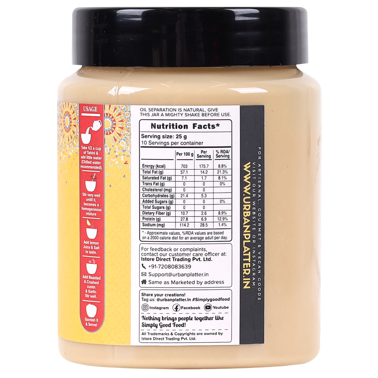 Urban Platter Tahini Paste, (Smooth & Creamy | Made from Hulled Sesame Seeds | Ideal for Hummus & Dressings | Rich in Good Fats)